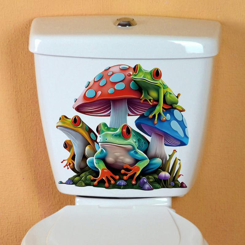 Cartoon Frog Stickers Waterproof Self Adhesive Toilet Decoration Anime Magic Mushroom Vinyl Tank Stickers for Bathroom Home
