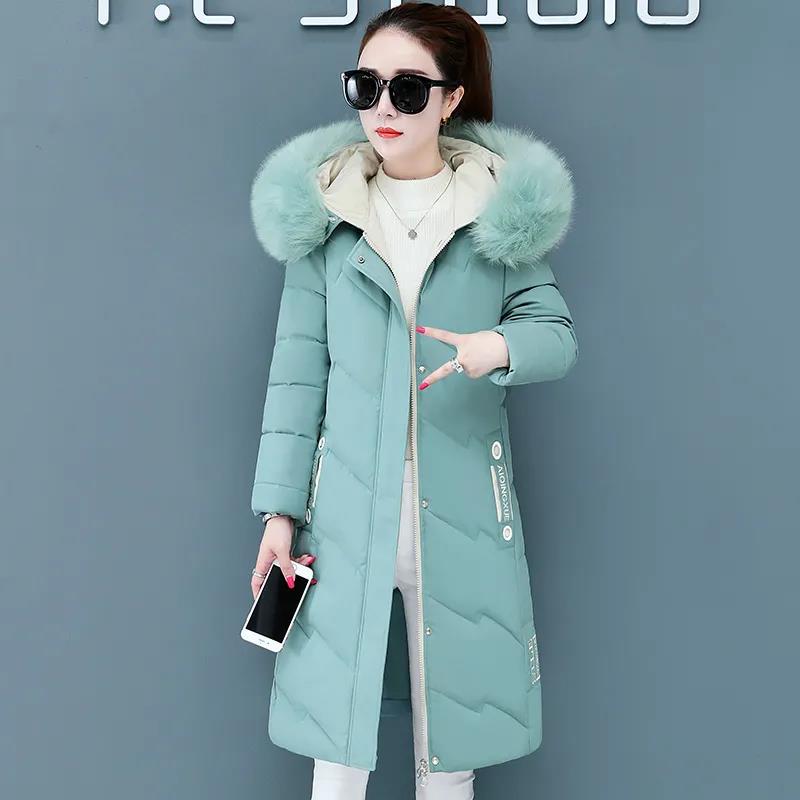 Пуховик зимняя корейская мода с большим меховым воротником средней длины с капюшоном толстая теплая куртка большого размера подходит для женщин