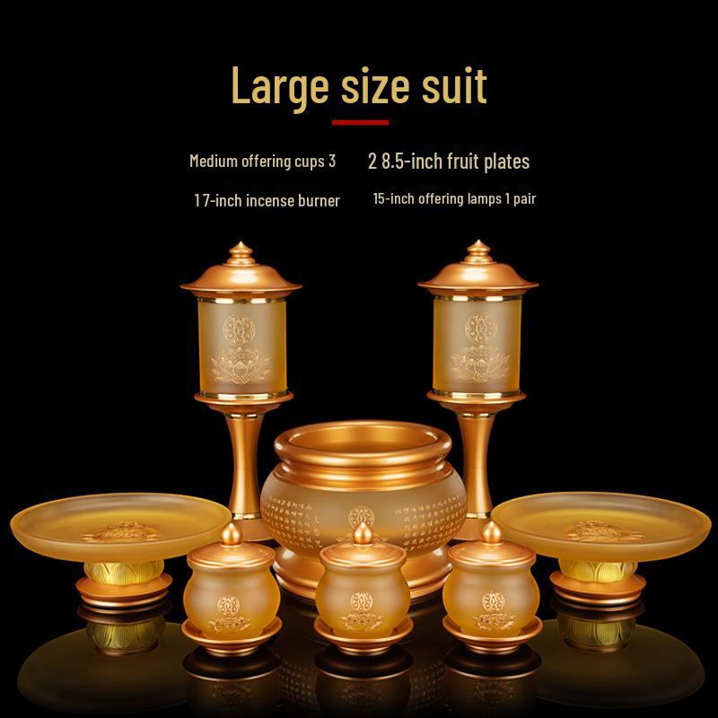 Набор для подношений из чистого медного лиули: Будда, Лампа Гуаньинь, Тарелка, Чашка для воды, Благовонница.