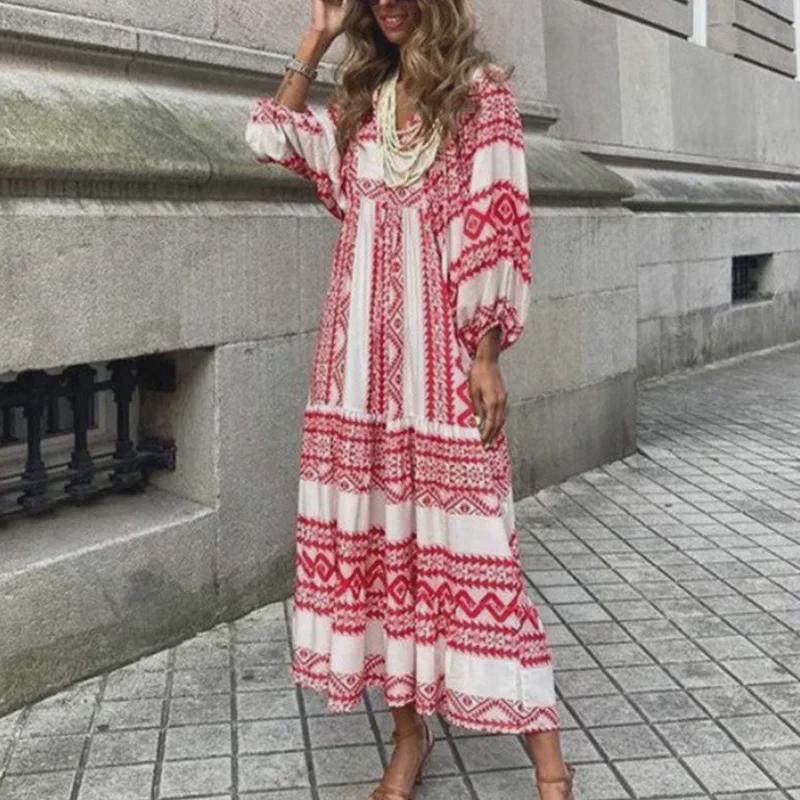 Платье макси с рукавами-фонариками в европейско-американском геометрическом стиле для женщин – Уличный стиль