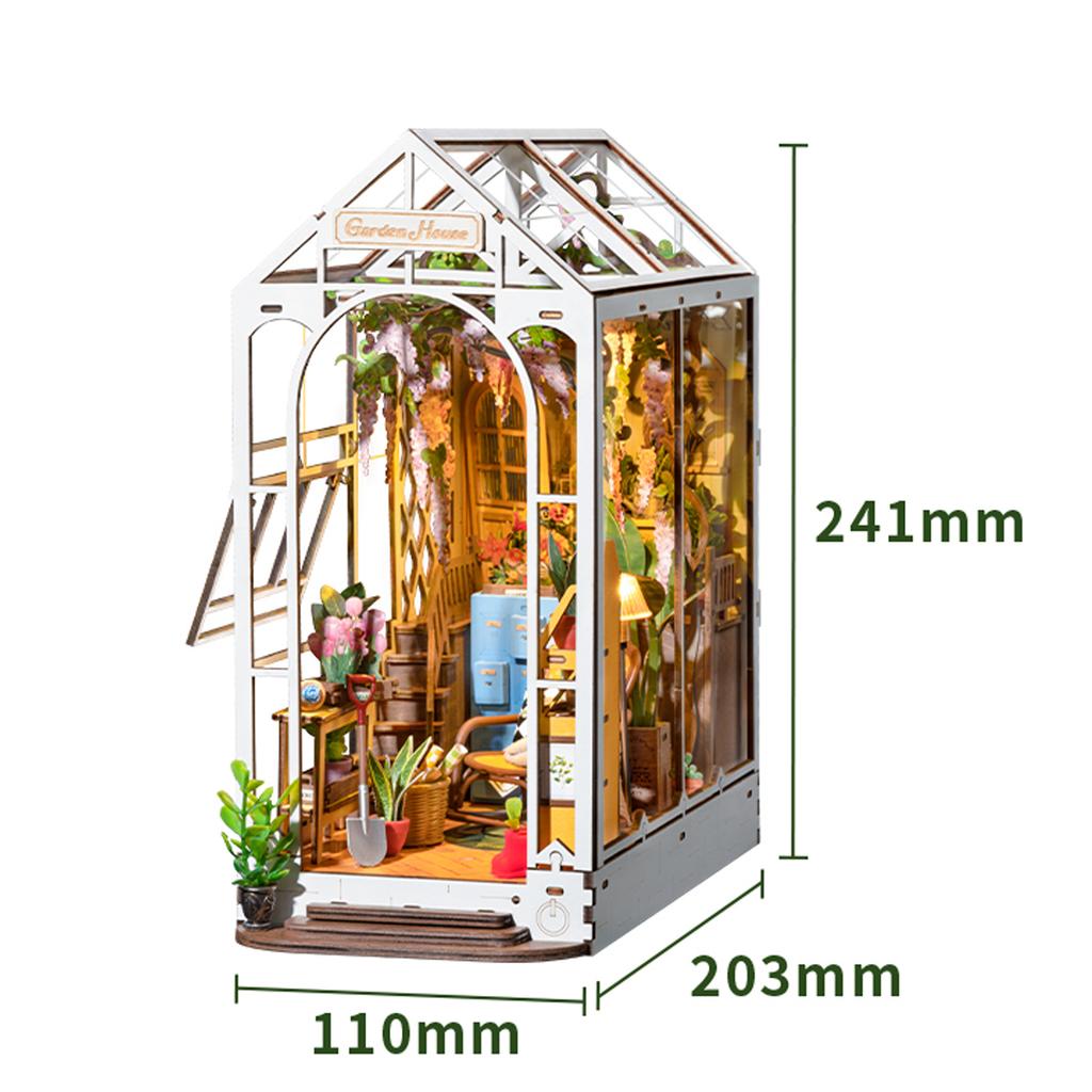Robotime Rolife Gardenhouse Book Nook DIY Dollhouse Bookend Model Kit with LED Light Wooden Puzzle for Bookshelf Decor - TGB06