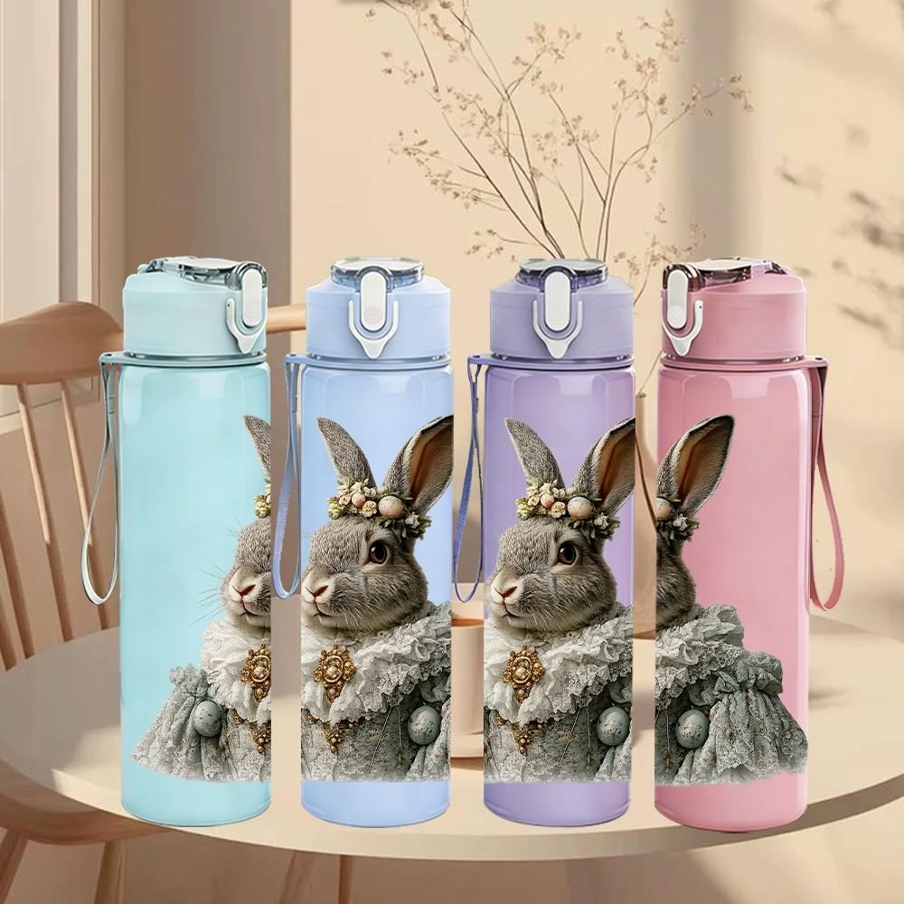1PC Rabbit With Crown Vintage Print 750ml Color Plastic Sports Water Bottle Leakproof Flip Straw Lid Suitable for Sports Office Home Use