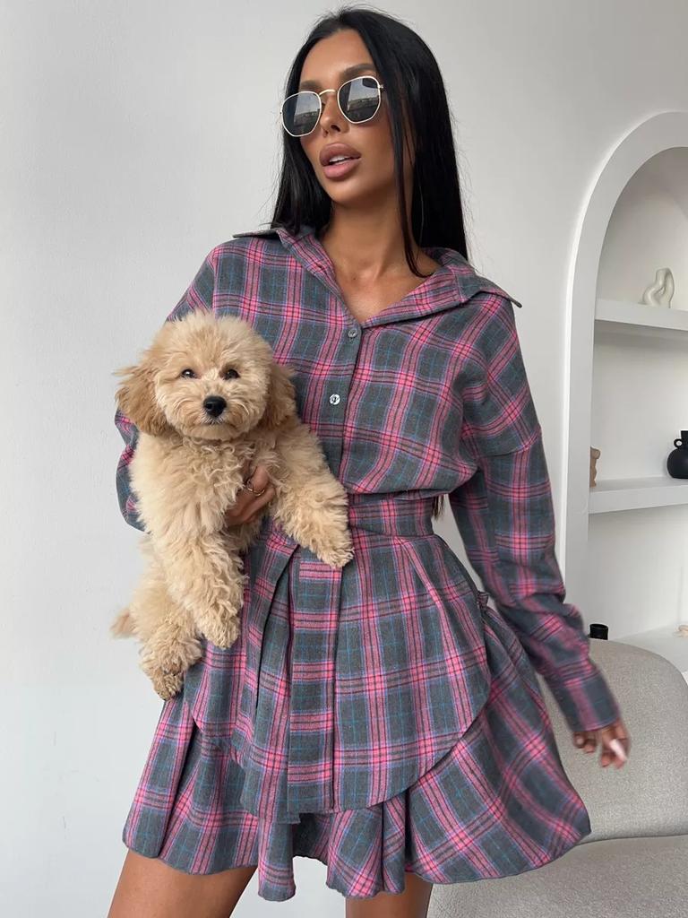 2026 New Plaid Skirt Set for Women Button-Down Loose Shirt with Tie-Waist Midi Skirt Two-Piece Casual Outfit
