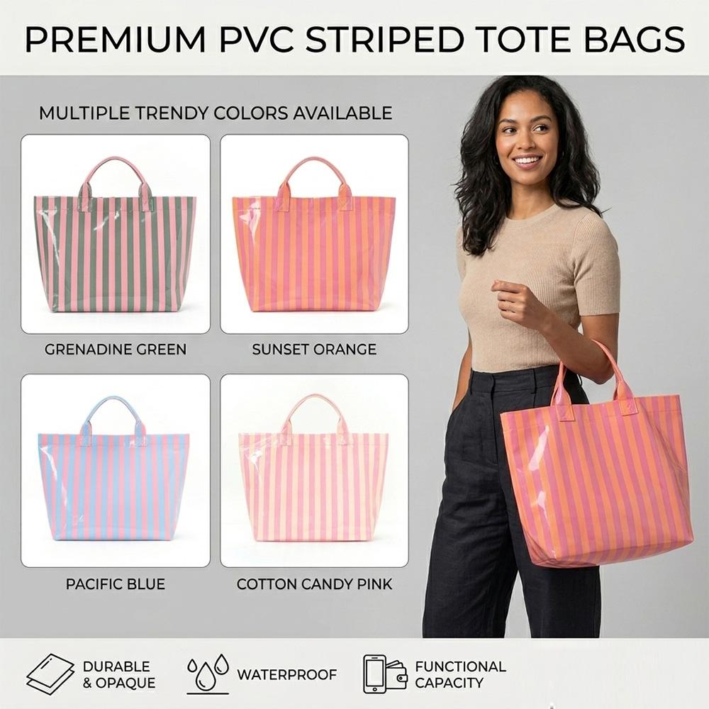 Striped PVC Tote Bag, Large Capacity Commuter & Travel Shoulder Handbag | Lightweight Magnetic Snap Bag with Inner Zipper Pocket