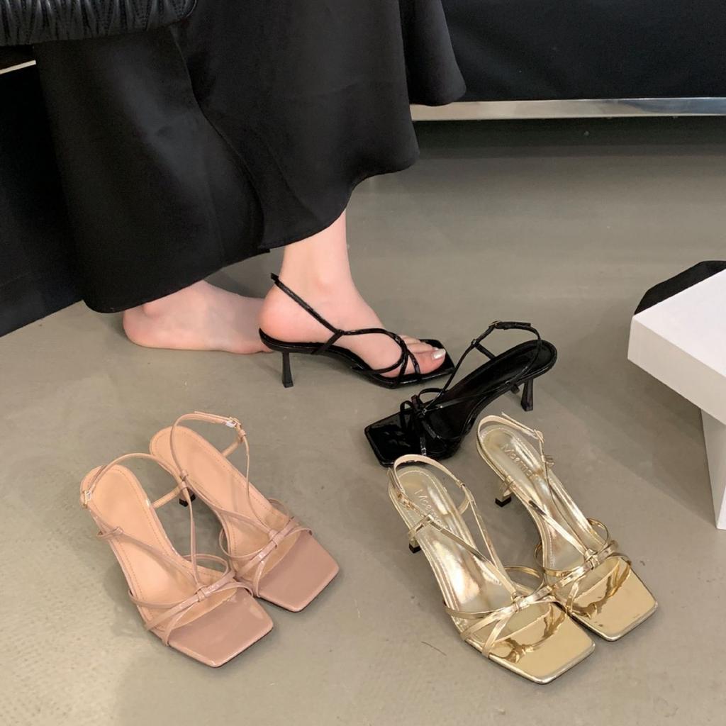 Черные сандалии-гладиаторы с тонкими ремешками и открытым носком, женская весна-лето 2025, новые универсальные шлепанцы с квадратным носком и тонким каблуком на одном ремешке