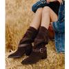 Spot Second Hair! Lapel Two Wear Wide Tube Stack Boots Pointed Thick Heel Versatile Medium Tube Boots Western Cowboy Boots Women's Autumn