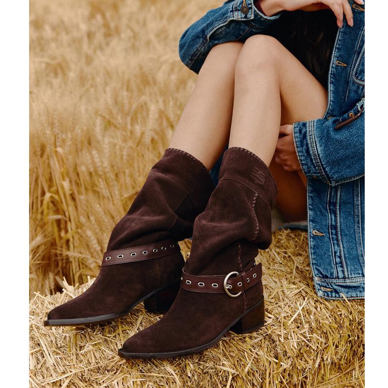 Zhong Chuxi Same Leather Stacking Boots Women's Western Cowboy Boots Retro Medium Tube Knight Boots Pleated Pointed Short Boots