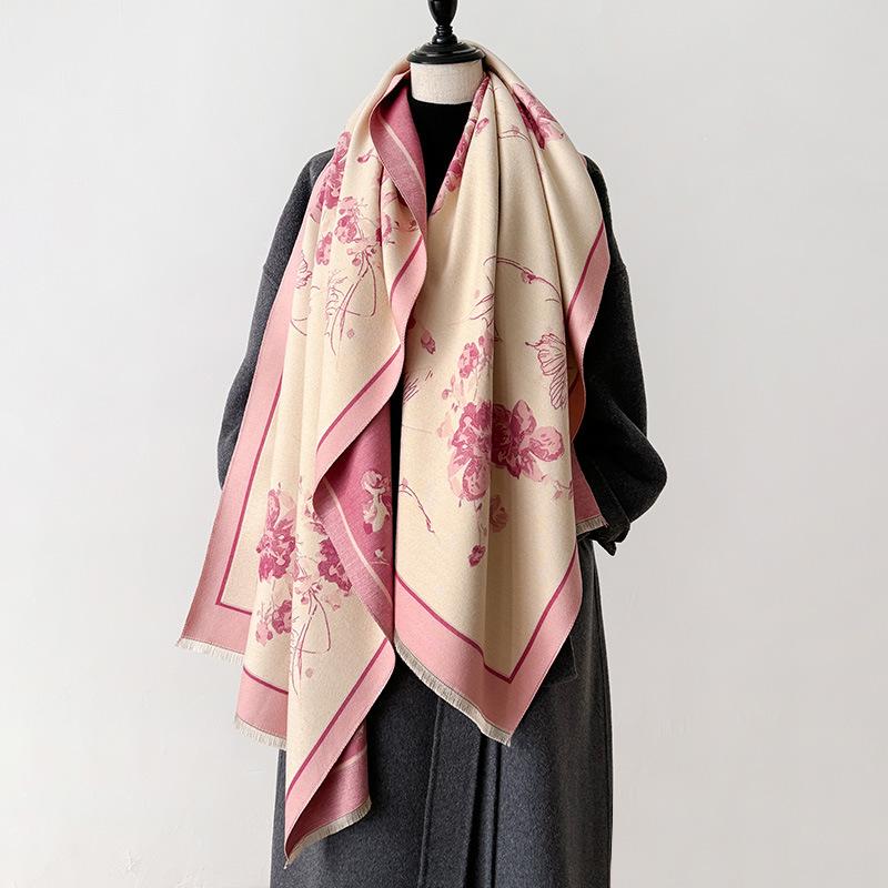 Korean Version Of Butterfly Love Flower Imitation Cashmere Thickened Winter Warm Scarf Fashion Shawl Double-Sided Printed Scarf