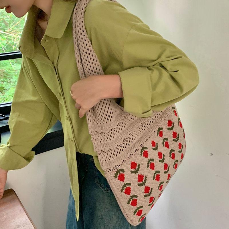 Knit Bag Vintage Mesh Hollowed Out Women's Shoulder Bag Woven Bag Tote