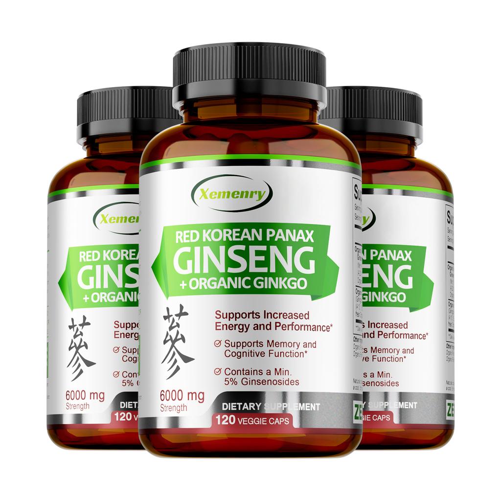 XEMENRY Organic Ginseng Capsules, 6000mg Potency, with Ginkgo Biloba Extract, High-Potency Formula