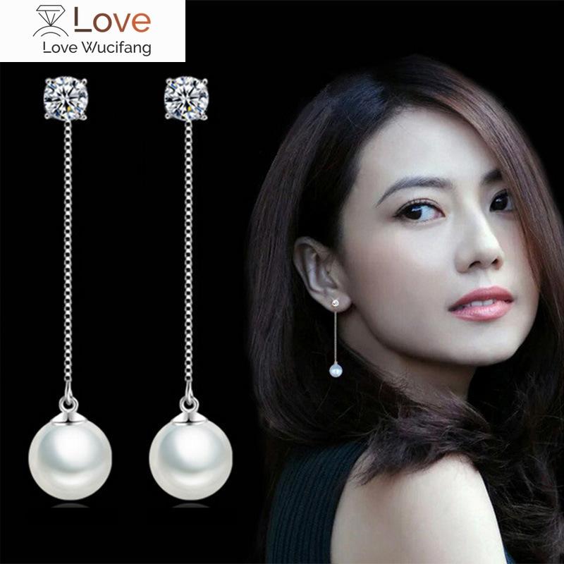 Модный серебряный кулон с имитацией жемчуга, длинная цепочка, кубический цирконий, длинные серьги, свадебные серьги-подвески из жемчуга