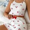 2 Pcs/Set Women Summer Pajamas Suit Adjustable Strap Sleeveless Heart Print Crop Top Shirring Edge High Waist Shorts Bedroom Sleepwear Set
