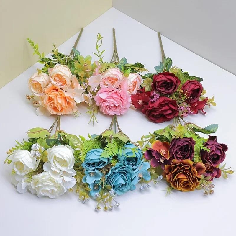 Винтажный европейский букет из искусственных цветов с шелковыми розами и гортензией макрофиллой для свадебного декора и домашнего стайлинга