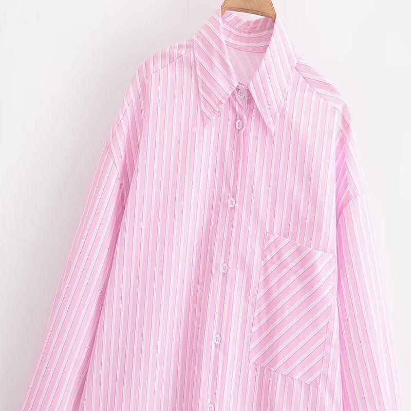 2024 New Women's Clothing Minimalist Stripes Poplin Long Sleeves Asymmetric Lapel Loose Side Slit Shirt 2637589