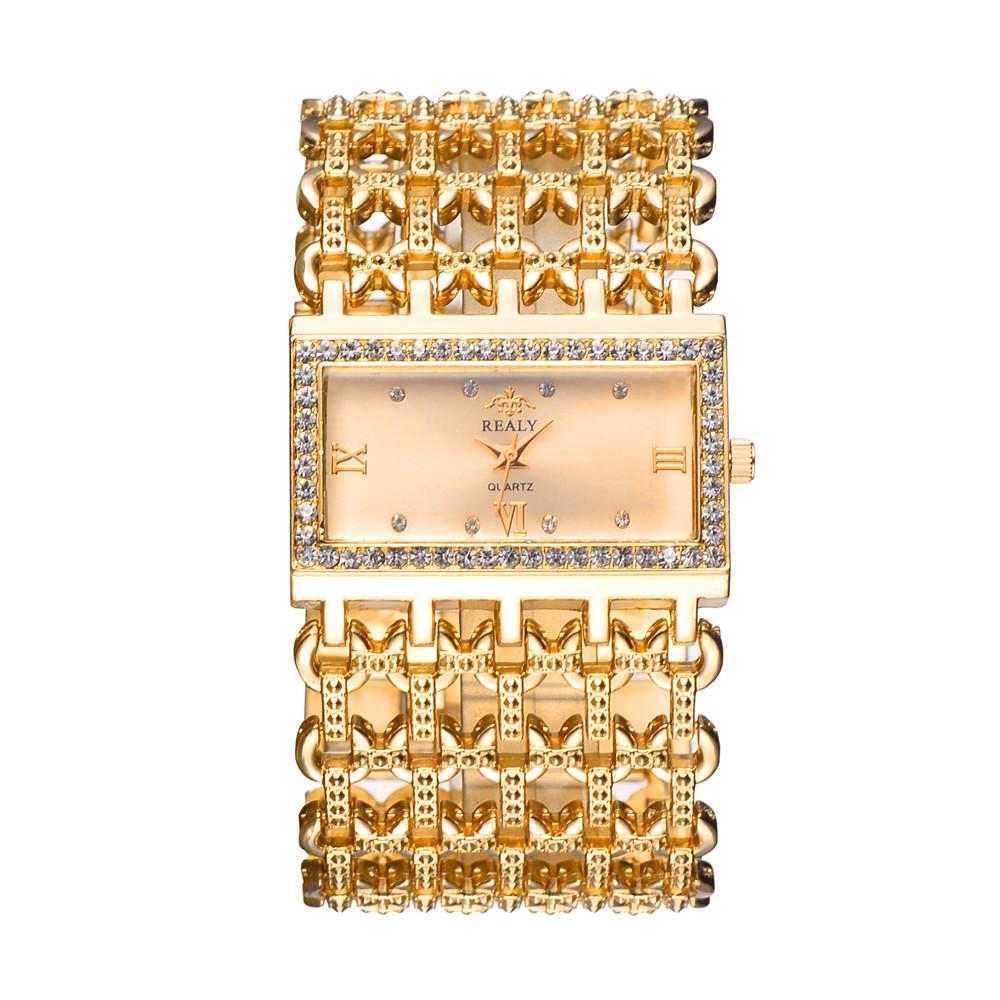 Простые квадратные золотые женские часы Модные классические часы из сплава с бриллиантовым браслетом Женские часы Золотые Серебряные с бриллиантовой шкалой Циферблат Кварцевые Reloje