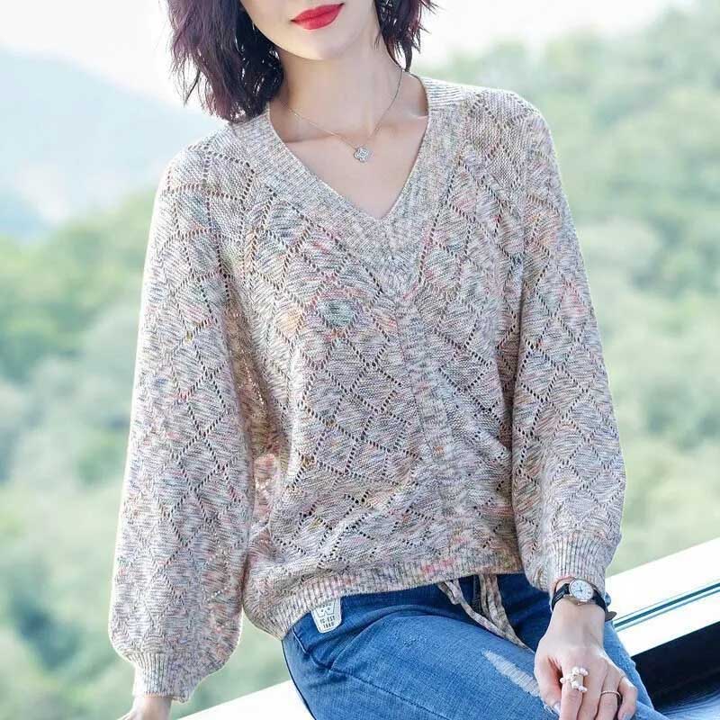 Женская нижняя рубашка с v-образным вырезом, кружевной вязаный топ, пуловер на весну и осень, верхняя одежда, универсальный свитер