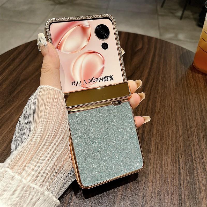 Luxury Electroplated Glitter Flip Phone Case Honor Magic V 2 - Shockproof Scratch Resistant PC Cover In Gold Black