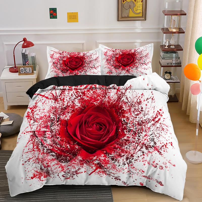Красный пододеяльник с изображением розы, короля и королевы, ко Дню святого Валентина, свадебный комплект постельного белья с цветочным принтом для пары, 2/3 предмета, полиэстеровое одеяло с рисунком в виде сердца и цветов