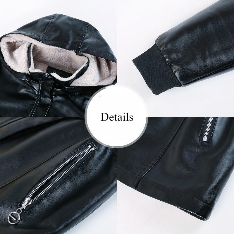 Autumn Winter Women's Fleece Leather Jacket Slim Plus Velvet Hooded Leather Biker Jacket Thick Flocked Leather Coat