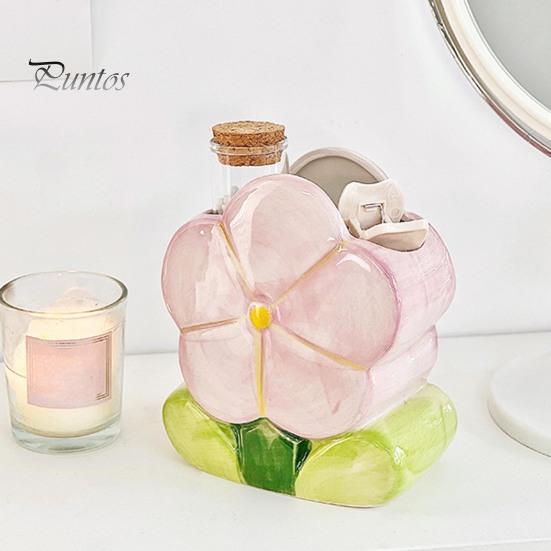 Ceramic Flower Pen Holder Handmade Tulip Cosmetic Storage Box Makeup Brush Organizer Flower Pencil Holder for Home Office Desk