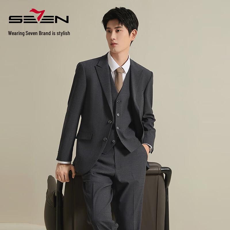 SEVEN Men's Plaid Jacquard 3-Piece Business Suit