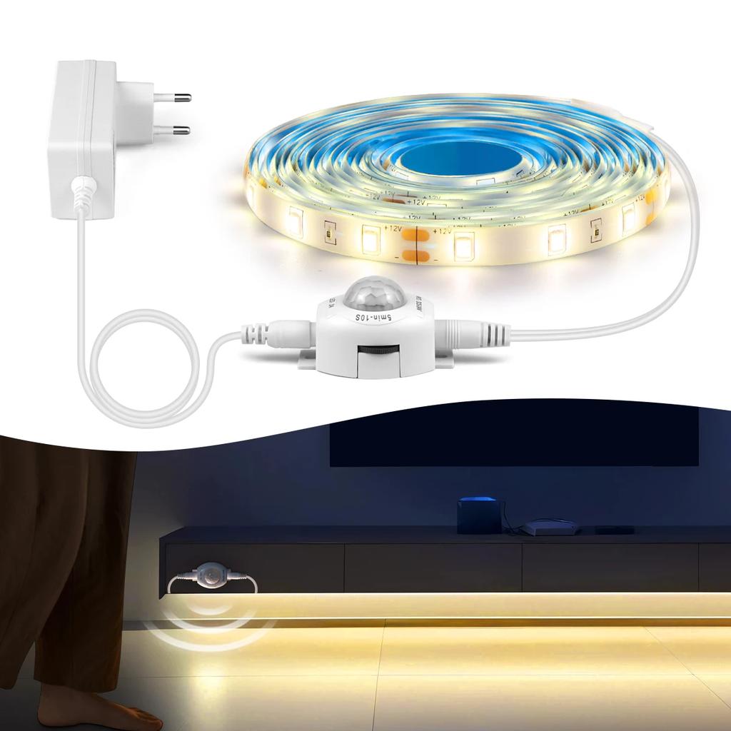12V Waterproof PIR Motion Sensor LED Strip Light Flexible Under Cabinet Lighting for Kitchen Wardrobe Bed Emergency Night Lamp
