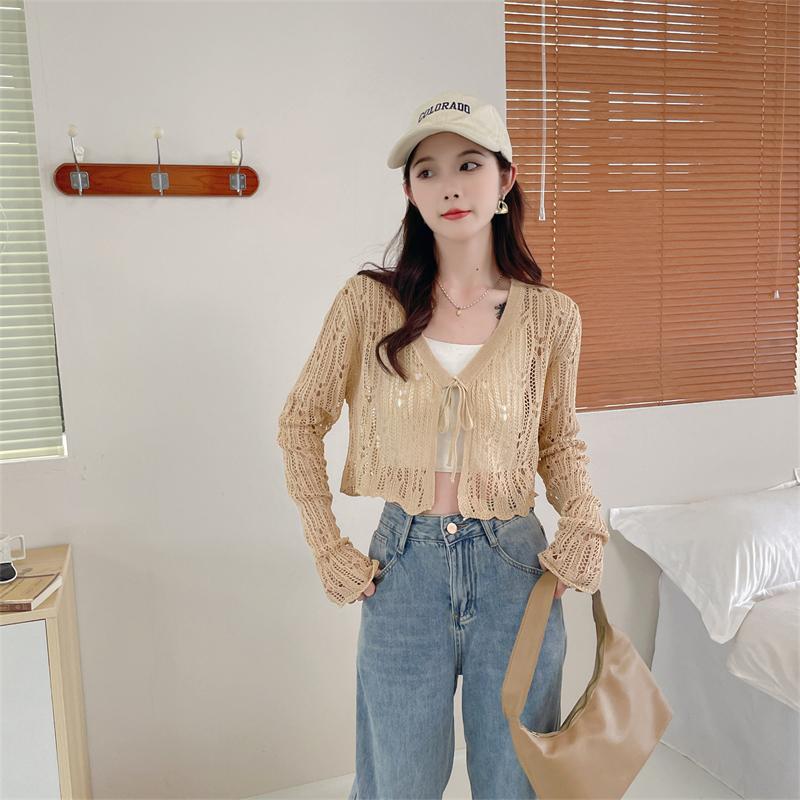 Summer Women's Knitted Shawl Sweaters Lady Hollow Out Tie Up Air-conditioned Shirt Mesh Thin See Through Look Long Sleeve Loose Tops Sunscreen Shirt