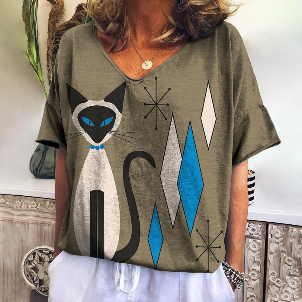 Женская одежда, летняя женская футболка в стиле ретро с рисунком кота, v-образным вырезом и коротким рукавом, повседневная уличная одежда, женская блузка большого размера