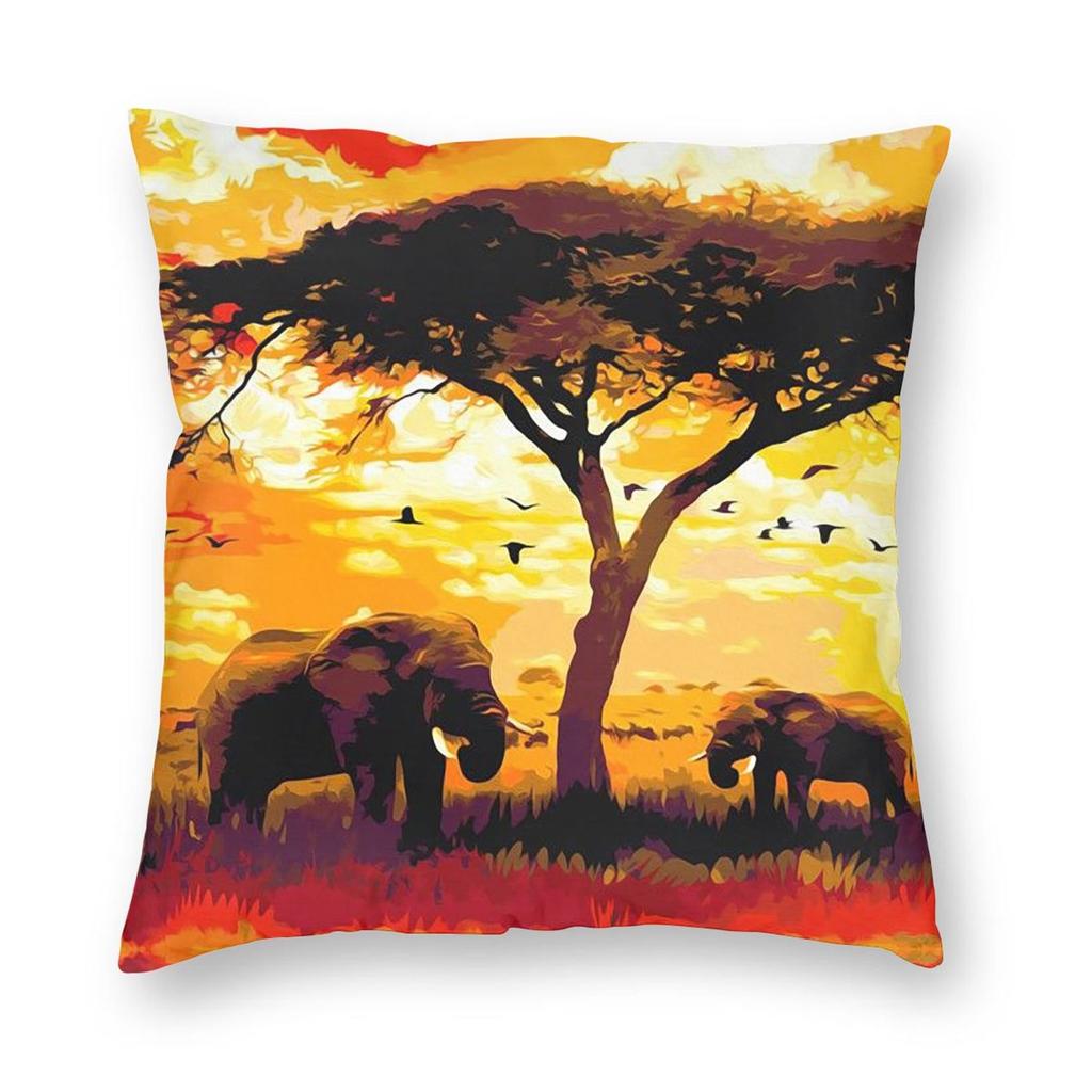 African Sunset Scene And Elephants Square Pillowcase Pillow Cover Cushion Throw Pillow for Home Sofa Living Room
