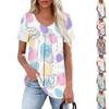 Ladies' Casual V-neck Short Sleeved Shirt With Pleated Easter Print On The Chest