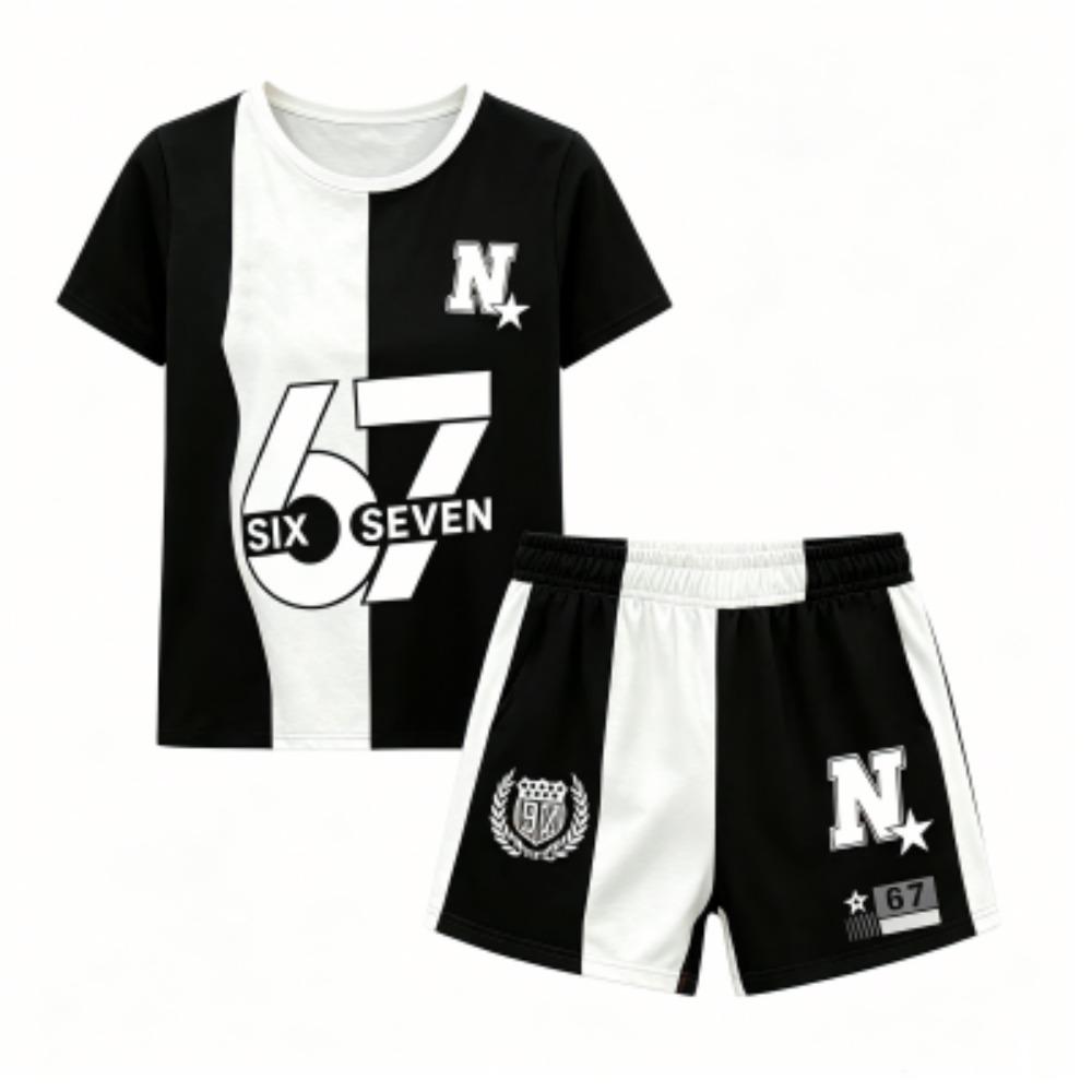 Kids Letter 67 Color Blocking Printed 10 Colors Outdoor Street Kids T-shirt and Shorts 2 Piece Set Summer Home Casual Outfit Boy and Girl's Sports Set