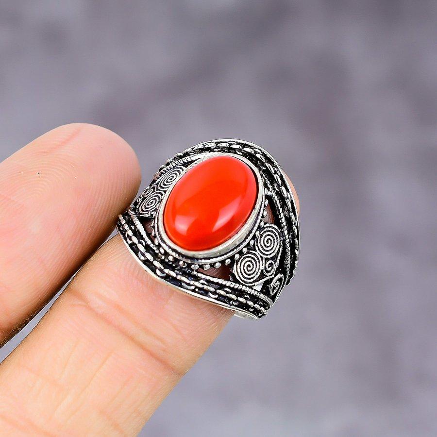 Italian Red Coral Handmade 925 Sterling Silver Jewelry Ring Size 8.5 F7F04