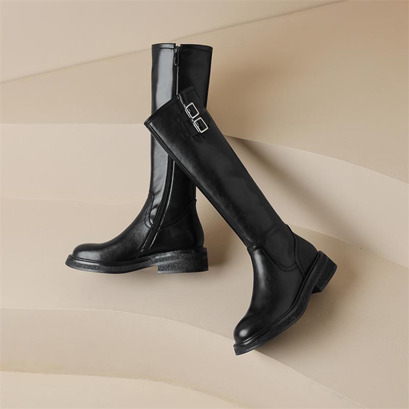 Meotina Женские сапоги до колена из натуральной кожи, сапоги Gogo на толстом среднем каблуке с круглым носком и пряжкой на молнии, женская обувь, зимняя обувь цвета хаки, 40