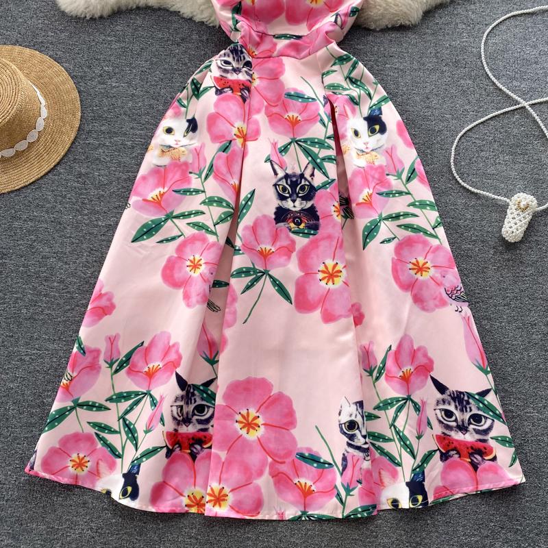 Женское платье-майка с цветочным принтом, элегантное модное летнее платье трапециевидной формы с круглым вырезом без рукавов и высокой талией, вечернее платье-майка для взлетно-посадочной полосы