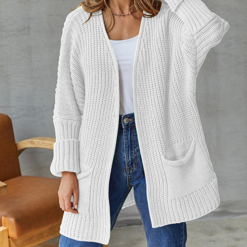 IHUASU Women's Large Size Casual Pocket Knitted Cardigan Sweater Commuter Style Loose Mid-Length Jacket