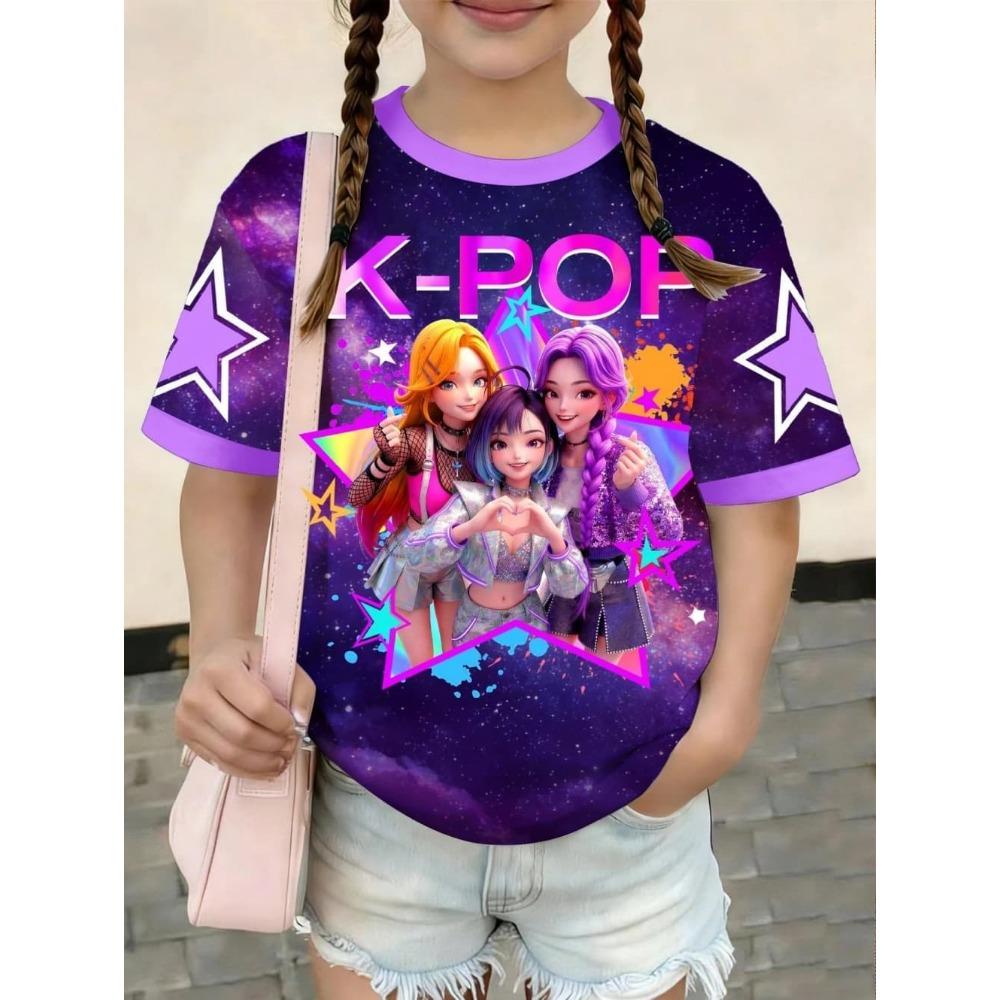 Kpop Style Short-Sleeve T-Shirts for Girls Funny Gift for Kids Summer Short Sleeve Tops Casual Round-Neck Outdoor Girls Clothes