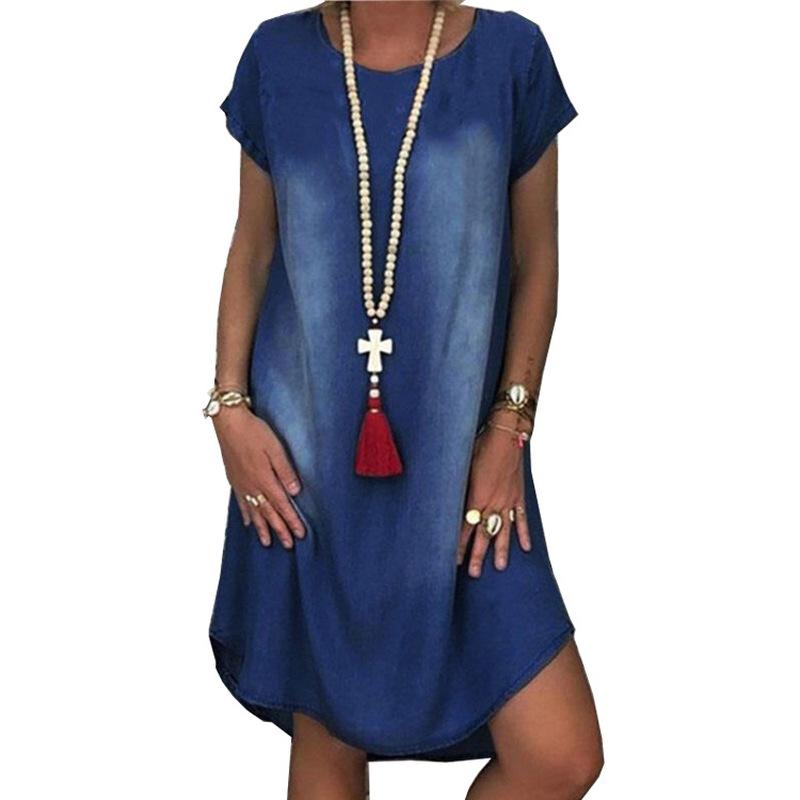 Женское джинсовое платье с потертостями - платье миди свободного кроя с круглым вырезом и короткими рукавами, повседневное мини-платье в стиле ретро для лета, идеально подходит для пляжа или повседневной носки