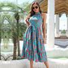 Vintage Print Halter Sleeveless Long Dress Women Spring Summer Holiday Lace Up Strap S-XL