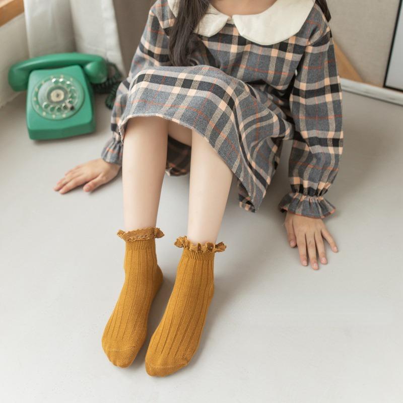 Осенне-зимние винтажные хлопковые носки для маленьких девочек, однотонные детские носки, носки принцессы для девочек, японские хлопковые носки