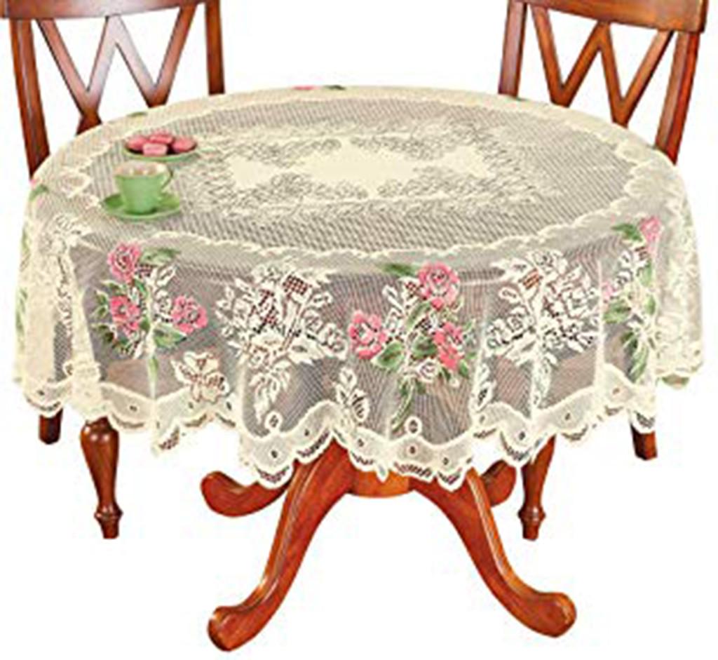 Кружевная скатерть круглая белая В РУЧНОЙ цветочной розовой обложке Элегантный обеденный стол