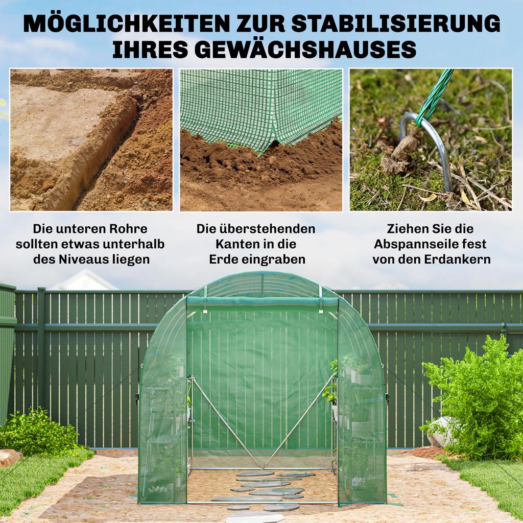 Walk-in Greenhouse with Shelves, Polytunnel Greenhouse with Roll-Up Door, 6 Mesh Windows,198 x 275 x 191 cm, Green