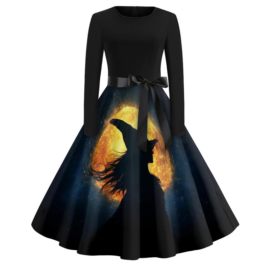 Women's Casual Long Sleeve Vintage Dress Halloween Printed Round Neck A-Line Midi Dress with Waist Tie Belt Retro Style