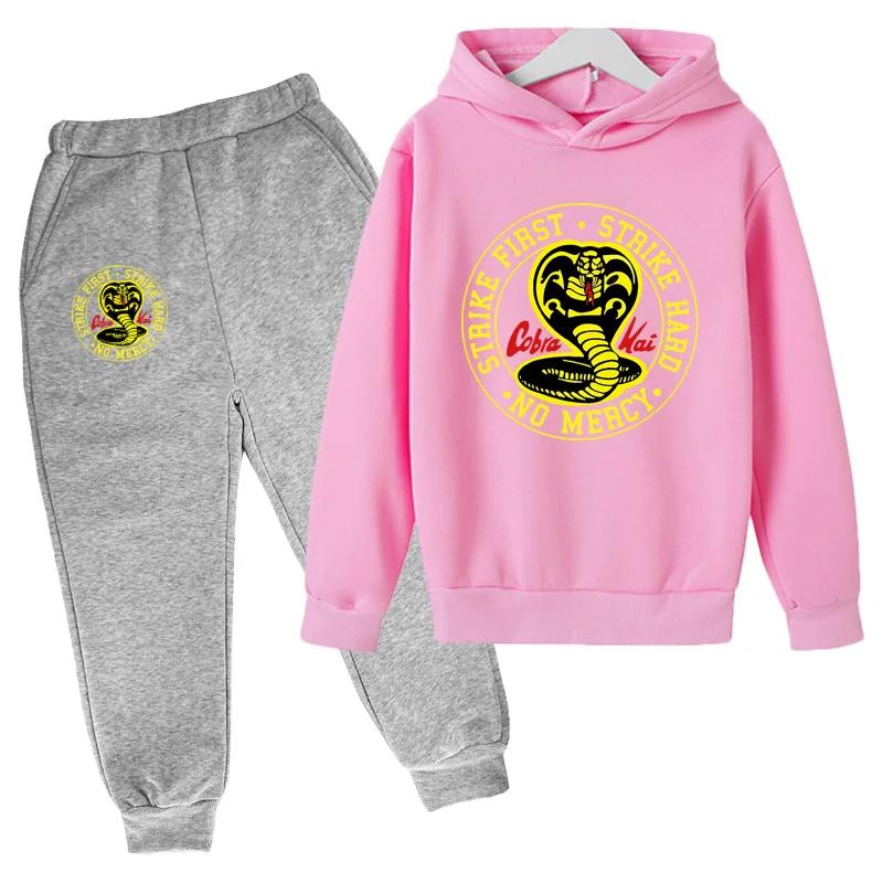 Весна и Осень Новый костюм с худи Cobra Kai Детские худи и штаны Комплект из двух предметов Детская одежда 4-14 лет Девочки Мальчики Одежда
