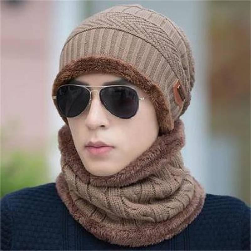 Mens Winter Beanie Hat And Scarf Set Warm Fleece Knitted Cap Unisex Couple