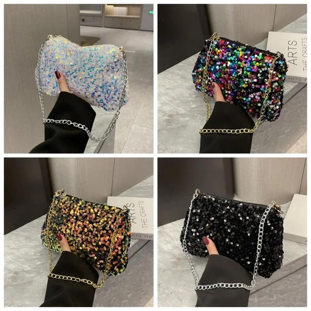 Solid Color Sequins Crossbody Bag Simple Chain Small Square Bag Handbag Underarm Bag Evening Clutch Bag