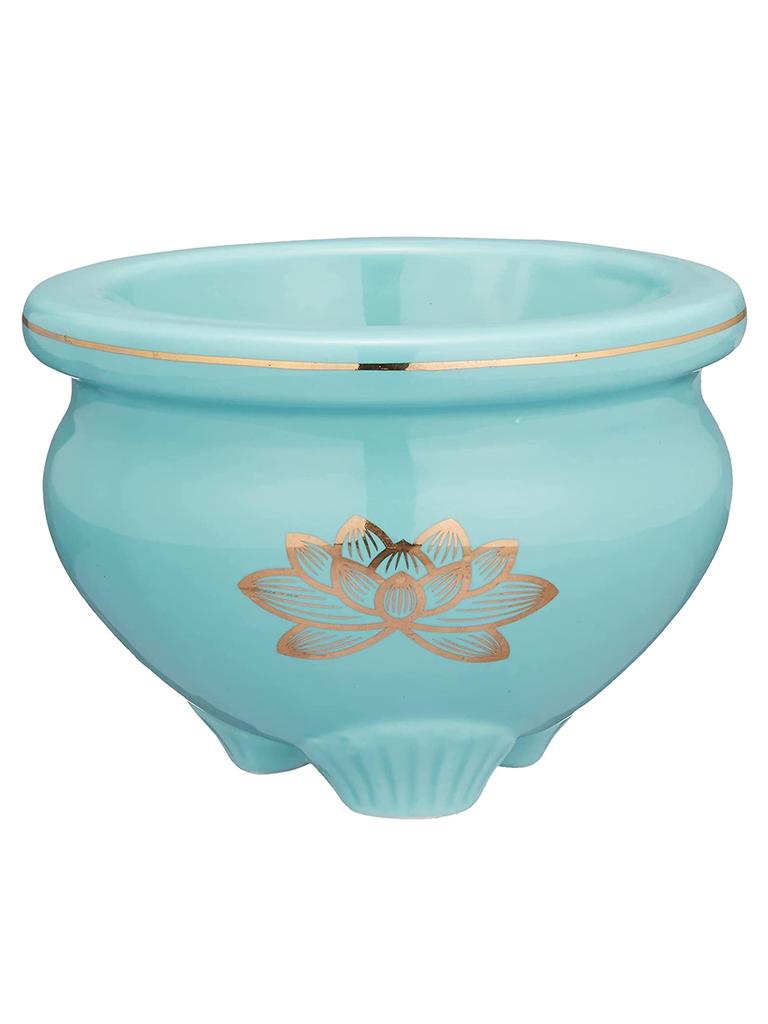 Maruesu Buddhist Altar Supplies: Celadon Gold Lotus Incense Burner, 4.0 Inches, Blue