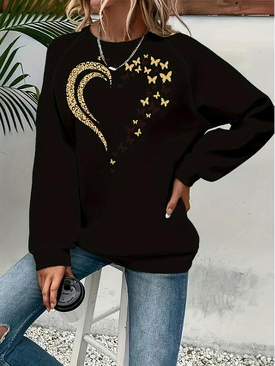 Женская толстовка с принтом «Сердце и Бабочка» - Многоцветная, с круглым вырезом, с длинным рукавом, повседневный универсальный топ.