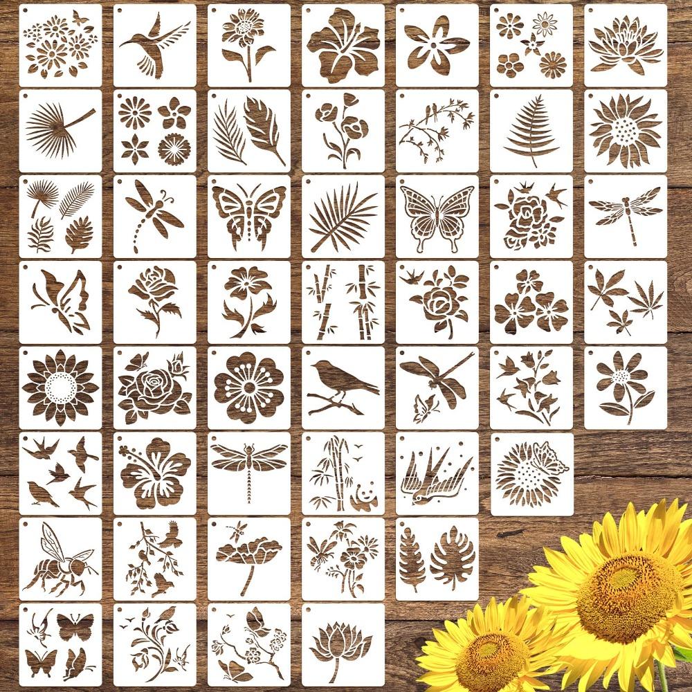 50pcs/set Floral Series DIY Painting Stencil Set Hollow Reusable Painting Templates PET Washable Spray Painting Stencils