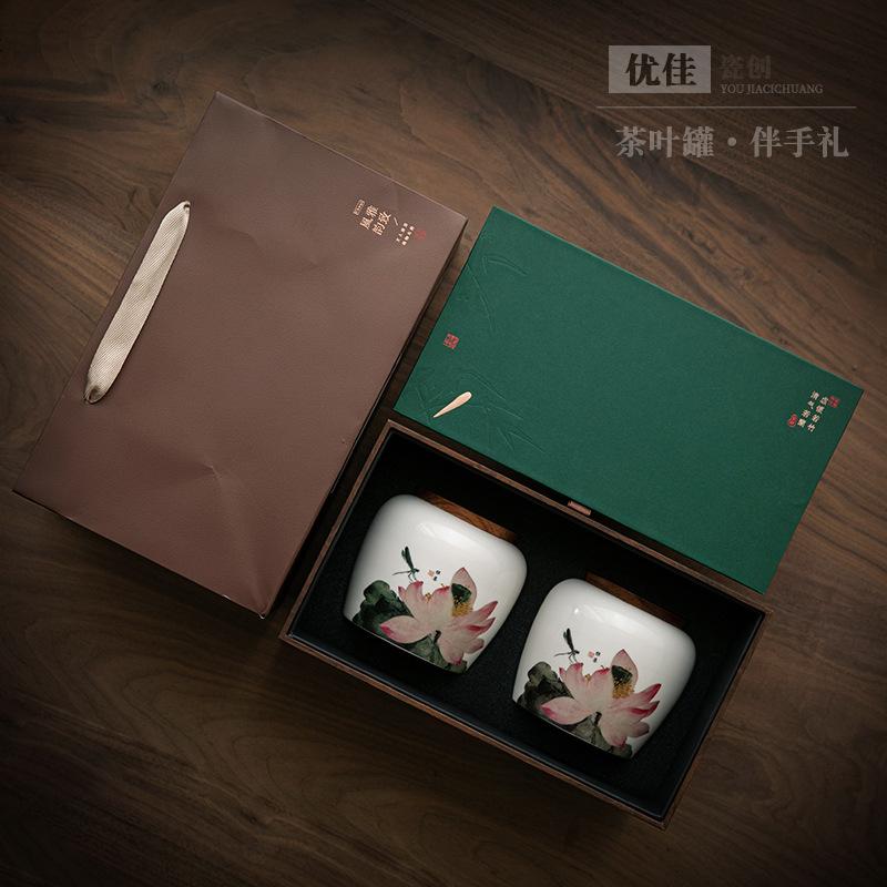 Retro ceramic tea can home large black tea green tea packaging box storage tea can Chinese lotus high-end gift box set