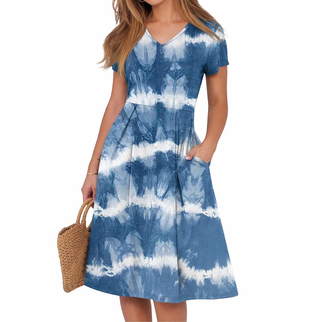 Женское летнее повседневное платье с принтом, V-образным вырезом, короткими рукавами и карманами